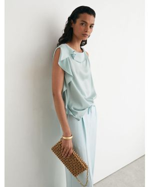 Reiss Hanna - Aqua Blue Satin Sleeveless Frill-detail Top, Us 4