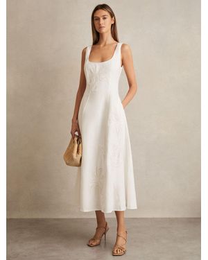 Reiss Linen Floral-Embroidered Midi Dress - Natural
