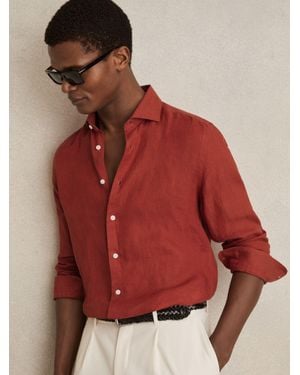 Reiss Striped Cutaway Linen Collar Shirt - Red