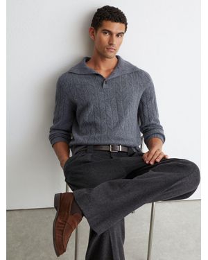 Reiss Wool Stitch-Detail Half-Button Jumper - Grey