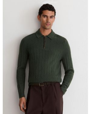 Reiss Wool Stitch-Detail Half-Zip Polo Jumper - Green