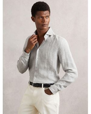 Reiss Ruban - White/thyme Green Linen Striped Cutaway-collar Shirt, Xl - Grey
