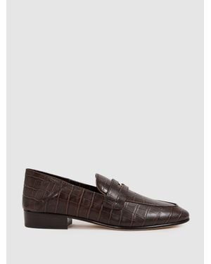 PAIGE Leather Crocodile-Embossed Penny Loafers - Brown