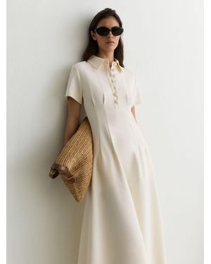 Reiss Mari - Cream Button-neck Short-sleeve Midi Dress, Us 10 - Natural