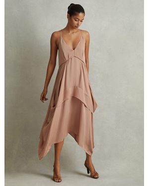 Reiss Demi Nude Side Pleat Asymmetric Midi Dress - Pink