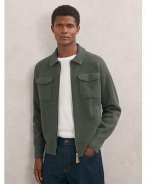 Reiss Calder - Khaki Green Boiled Wool Twin-pocket Cardigan, S