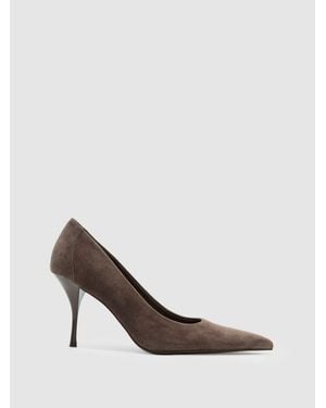Reiss Taupe Tilly Suede Pointed-Toe Mid-Heel Court Shoes - White