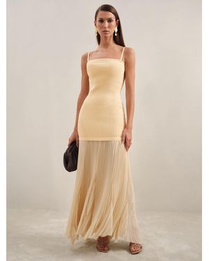 Reiss Milana - Yellow Pleated Skirt Ribbed Midi Dress, Us 10 - Natural