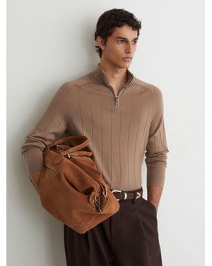 Reiss Findlay - Camel Brown Merino Wool Wide-rib Half-zip Jumper, L