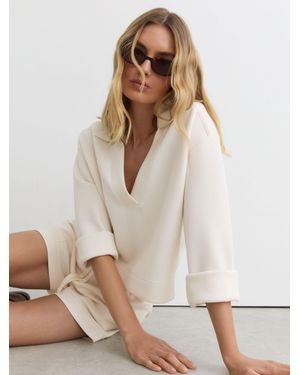 Reiss Premium Interlock Open-Collar Sweatshirt - Natural