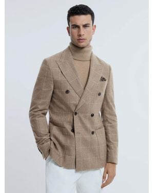 ATELIER Oatmeal Alessio Italian Wool-cashmere Slim Fit Double Breasted Check Blazer - Brown