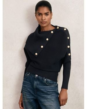 Reiss Rib-Knit Button Shawl Jumper - Blue