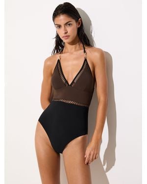 Reiss Chocolate & Colour-Block Lattice-Trim Swimsuit - Black