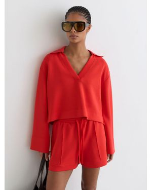 Reiss Bea - Coral Red Premium Interlock Open-collar Sweatshirt, M (us 8-10)