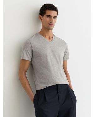 Reiss Dayton - Grey Melange Cotton V-neck T-shirt, Large