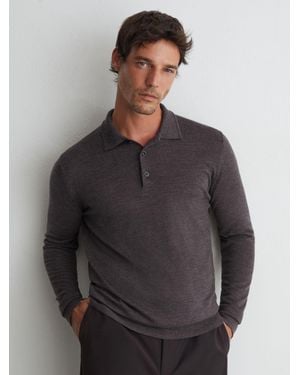 Reiss Merino Wool Long-Sleeve Polo Shirt - Grey