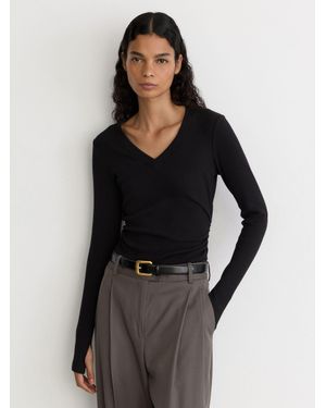 Reiss Cotton-Stretch V-Neck Ruched Top - Black