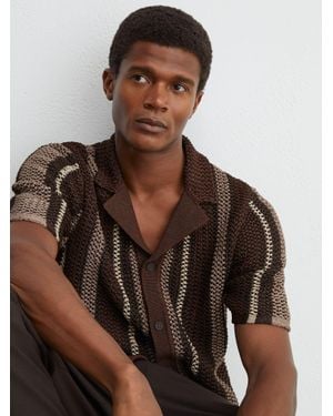Reiss Crochet Stripe Cuban-Collar Shirt - Brown