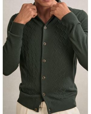 Reiss Wool V-Stitch Button-Through Cardigan - Green