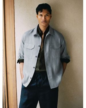 Reiss Linen Herringbone-Stripe Regular-Fit Shirt - Blue