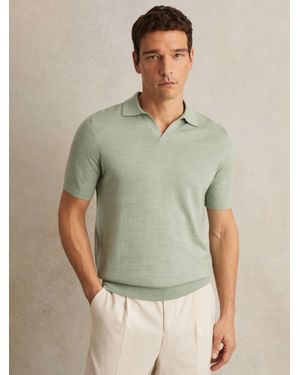 Reiss Merino Wool Open Collar Polo Shirt - Green