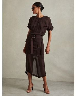 Reiss Essie Chocolate Mesh Utility Belted Midi Dress - Natural
