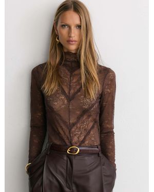 Reiss Lace Long-Sleeve High-Neck Top - Brown