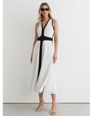 Reiss Contrast-Trim Cross-Back Midi Dress With Linen - White