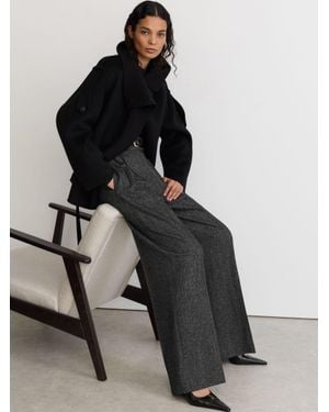 Reiss Wool-Silk Herringbone Wide-Leg Trousers - Black
