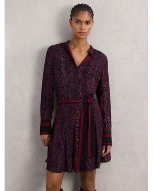 Reiss Burgundy & Snake Print Belted Mini Dress - Purple