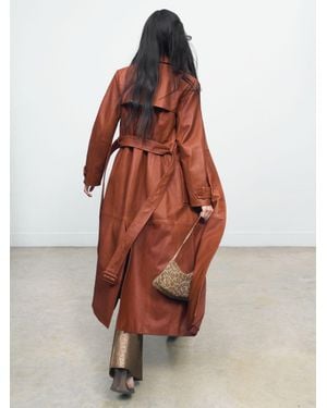 Reiss Hattie - Tan Leather Double-breasted Trench Coat, Us 14 - Red