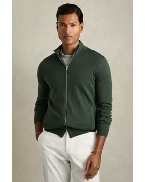 Reiss Dark Kale Merino Wool Zip-Through Cardigan - Green