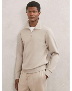 Reiss Premium Interlock Half-Zip Polo Sweatshirt - Natural