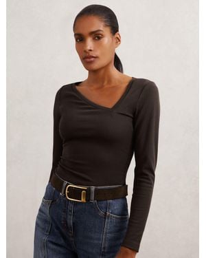 Reiss Stretch-Cotton Asymmetric-Neck Top - Black