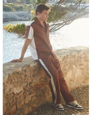 Reiss Noto - Tobacco/ecru Ché Satin Effect Colourblock Cuban Collar Shirt, L - Brown
