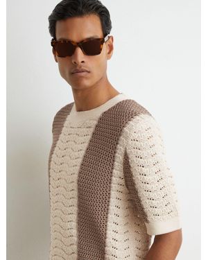 Reiss Camel & Off Cotton Crochet-Knit Striped T-Shirt - Brown