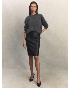 Reiss Raya - Black Leather High Rise Midi Skirt, Us 10 - Natural