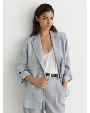 Reiss Linen-Blend Textured Double-Breasted Blazer - Grey