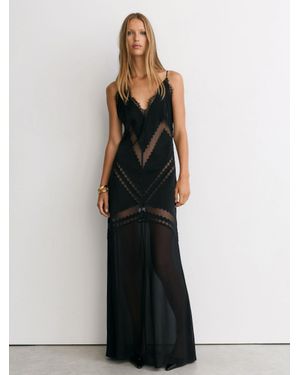 Reiss Veronica - Black Lace-trim Mesh-detail Maxi Slip Dress, Us 0 - Blue