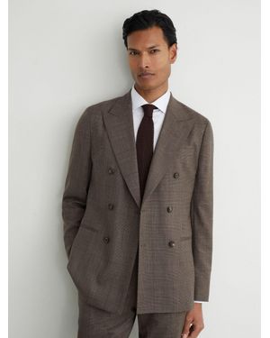 Reiss Db Wool-Blend Check Double-Breasted Suit Blazer Classic-Fit - Brown