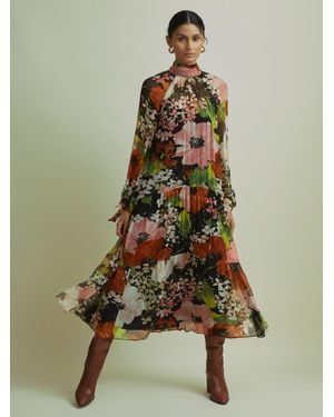 Florere Tiered Tie Neck Midi Dress - Green