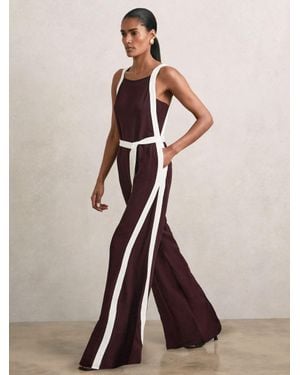 Reiss Burgundy & Cream Petite Colour-Block Wide-Leg Belted Jumpsuit - Multicolour