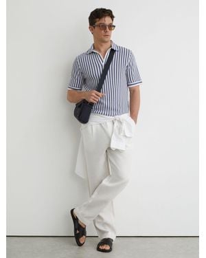 Reiss Alba - Blue/ Off White Cotton-blend Stripe Knit Polo Shirt, M