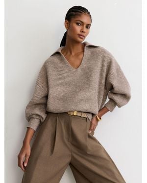 Reiss Wool-Cotton Rib-Knit Open-Collar Jumper - Natural