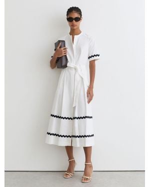Reiss Isabelle - Ivory/navy Stretch-cotton Wave-trim Midi Dress, Us 0 - White