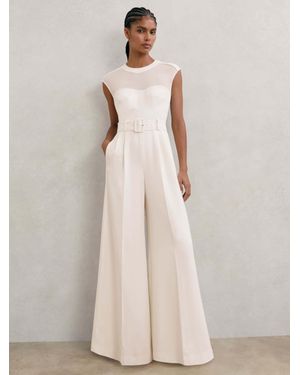 Reiss Sheer-Panel Wide-Leg Belted Jumpsuit - Natural