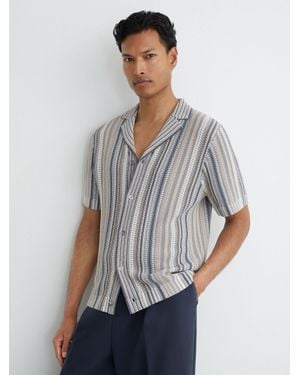 Reiss Camel Textured-Knit Stripe Cuban-Collar Shirt - Grey