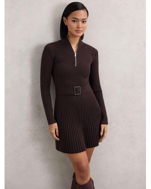 Reiss Rib-Knit Belted Half-Zip Flippy Dress - Multicolour