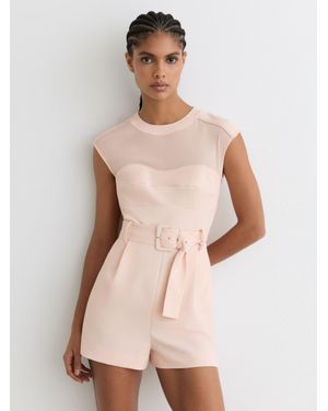 Reiss Sheer-Panel Structured Belted Playsuit - Natural