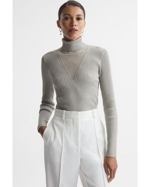 Reiss Tanya Funnel Neck Top Viscose Ribbed - Grey